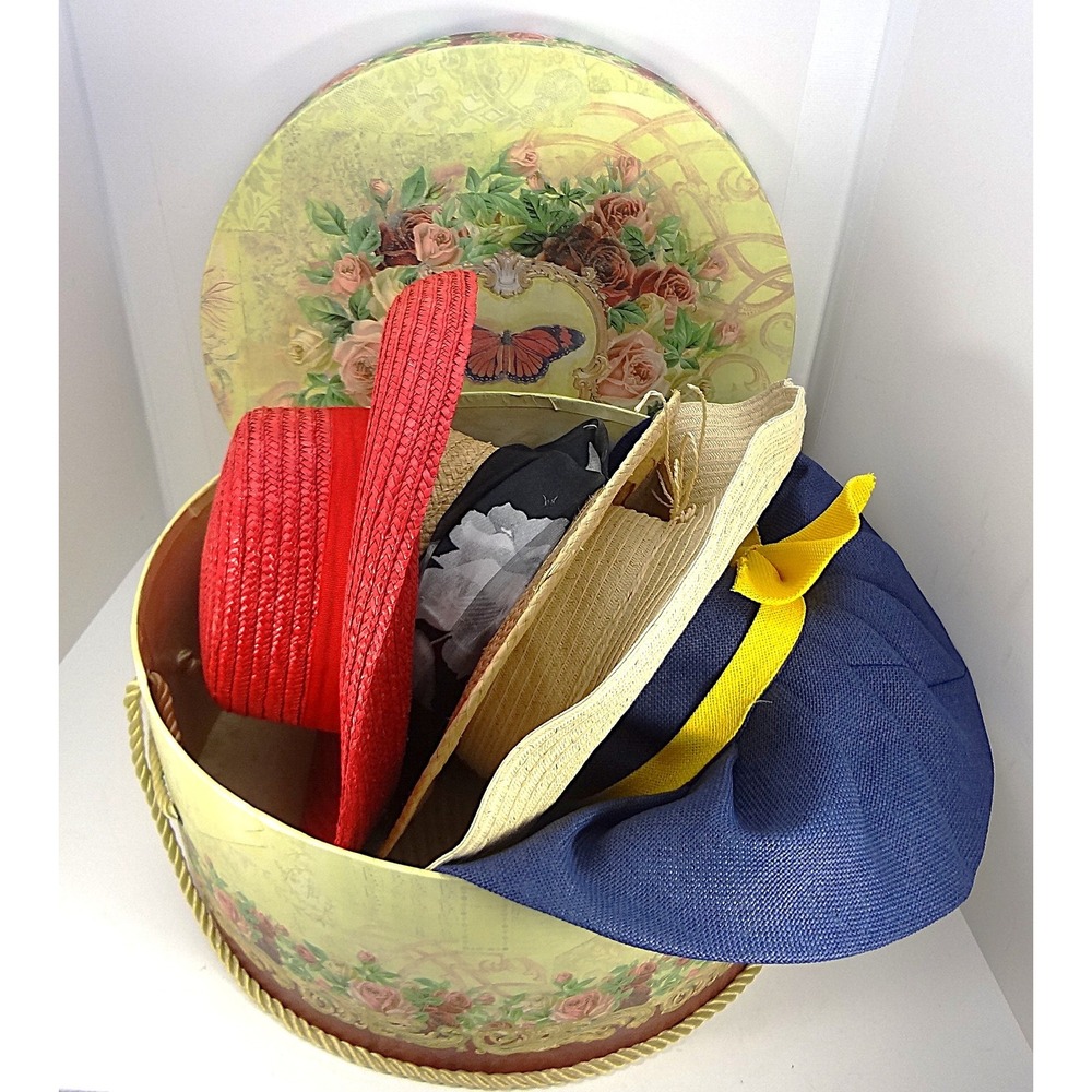 Vintage Decorative Round Hat Box with‎ Floral Butterfly Design with 4 Hats